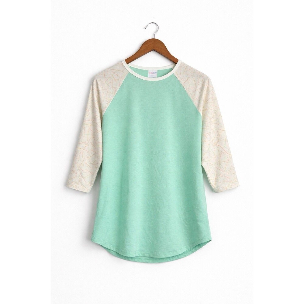 LuLaRoe Randy Top L Mint Green Raglan Baseball Tee Hair Pin Print Casual